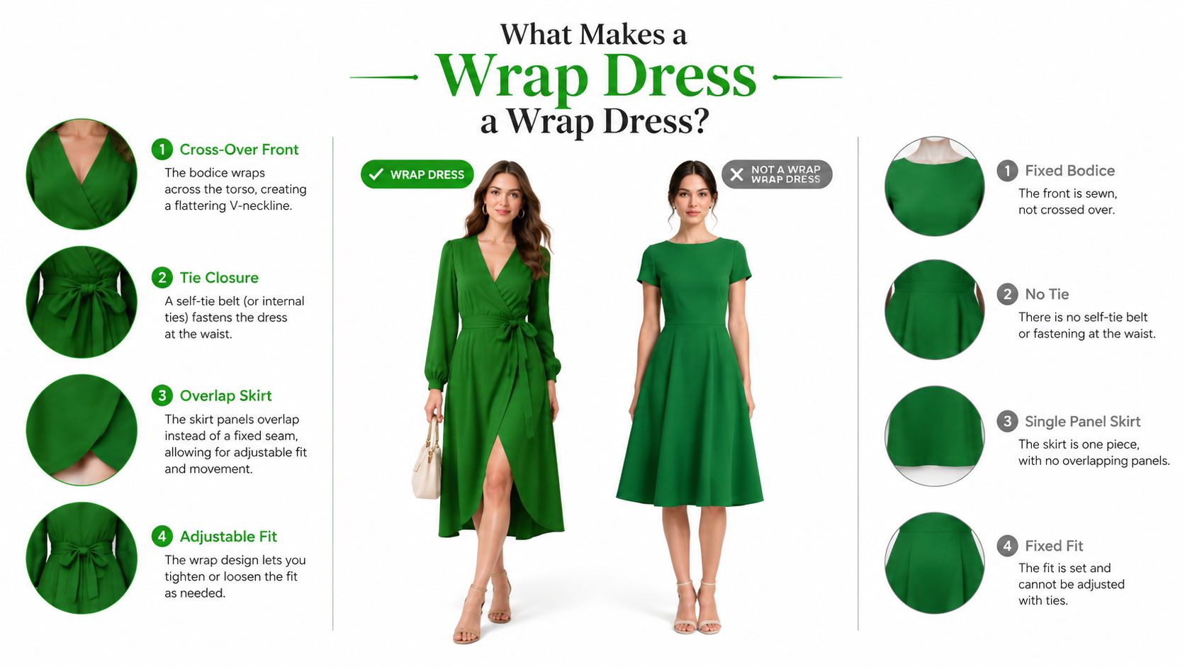 An infographic comparing features of a classic wrap dress with a non-wrap green dress for comparison.