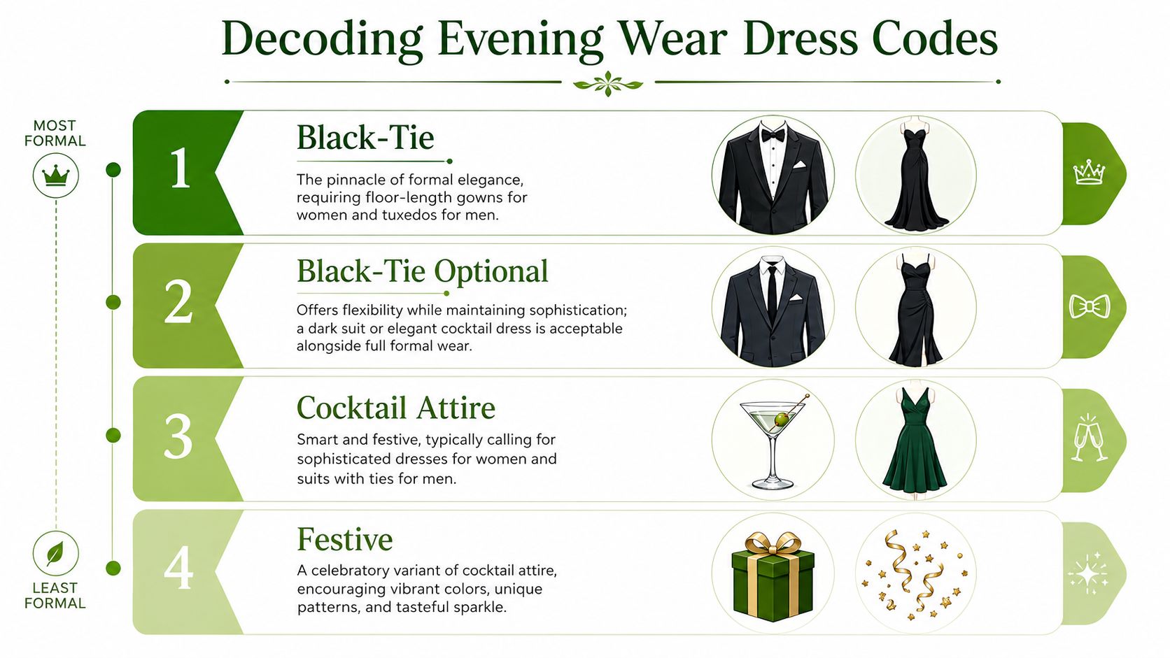 A chart explaining four levels of evening dress codes from Black-Tie to Festive with visual examples.