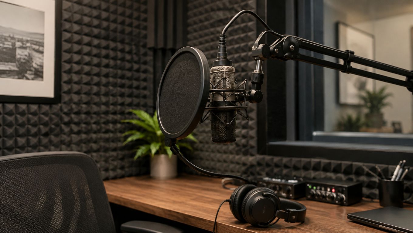 A professional podcast recording booth with a microphone, pop filter, headphones, and acoustic foam panels on walls.