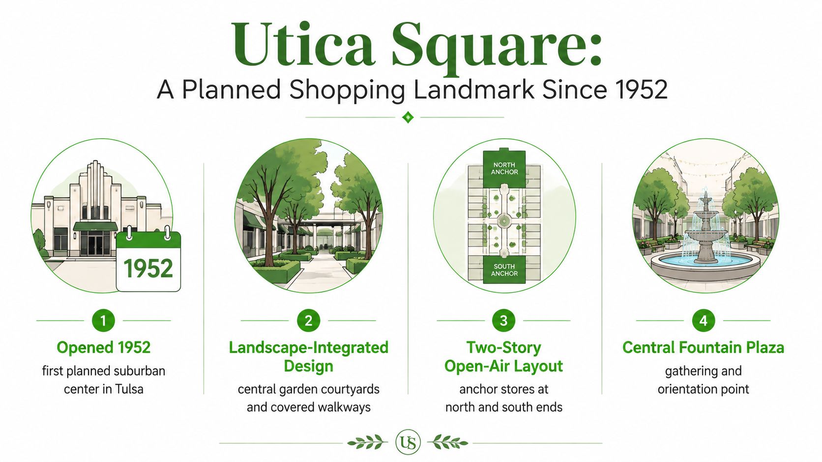An infographic detailing the history and design of Utica Square, a historic open-air shopping center in Tulsa.