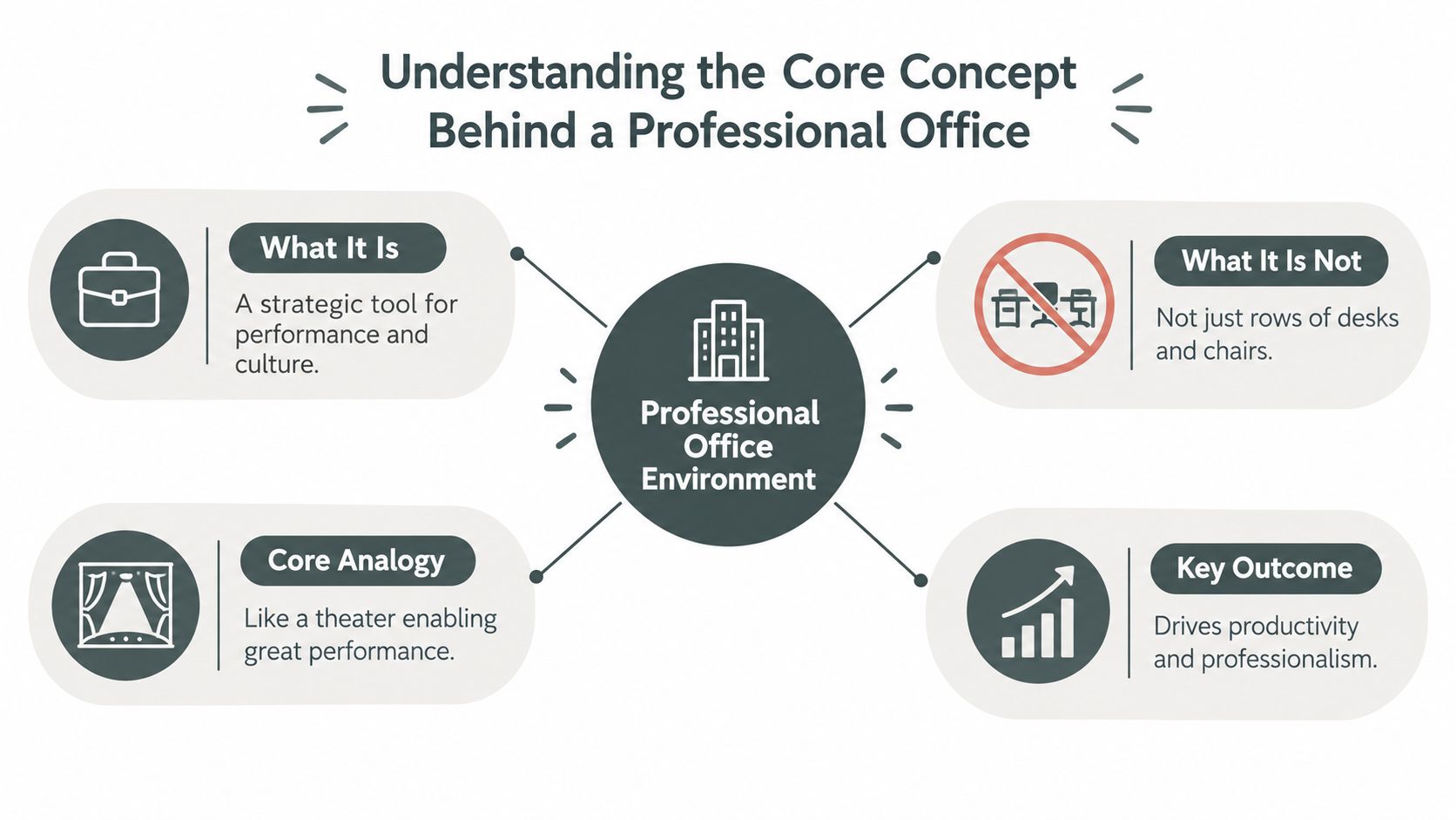 A diagram explaining the core concepts of a professional office environment, including its purpose, analogies, and outcomes.