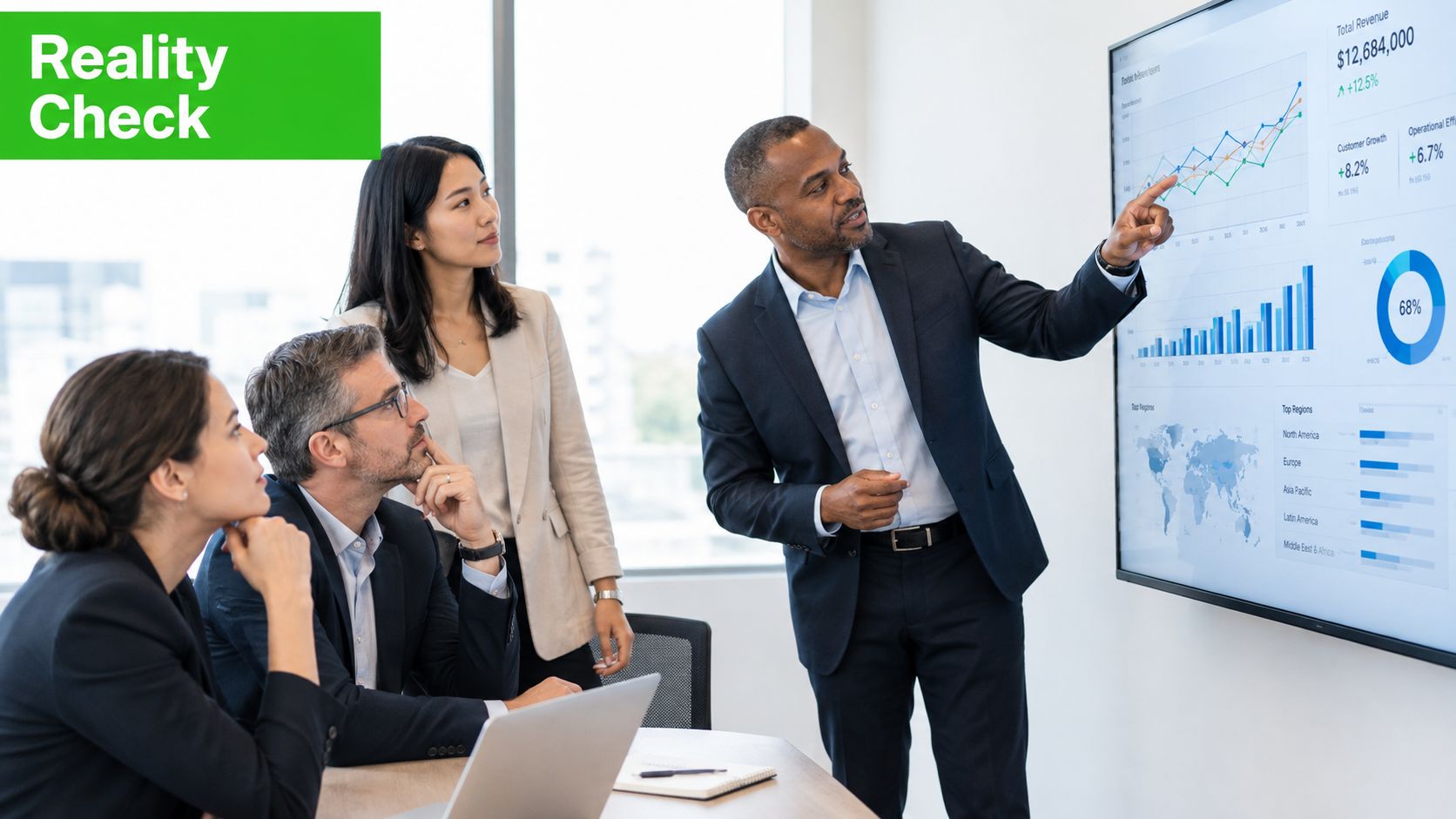 A professional team in a modern office looking at data visualizations displayed on a large screen.