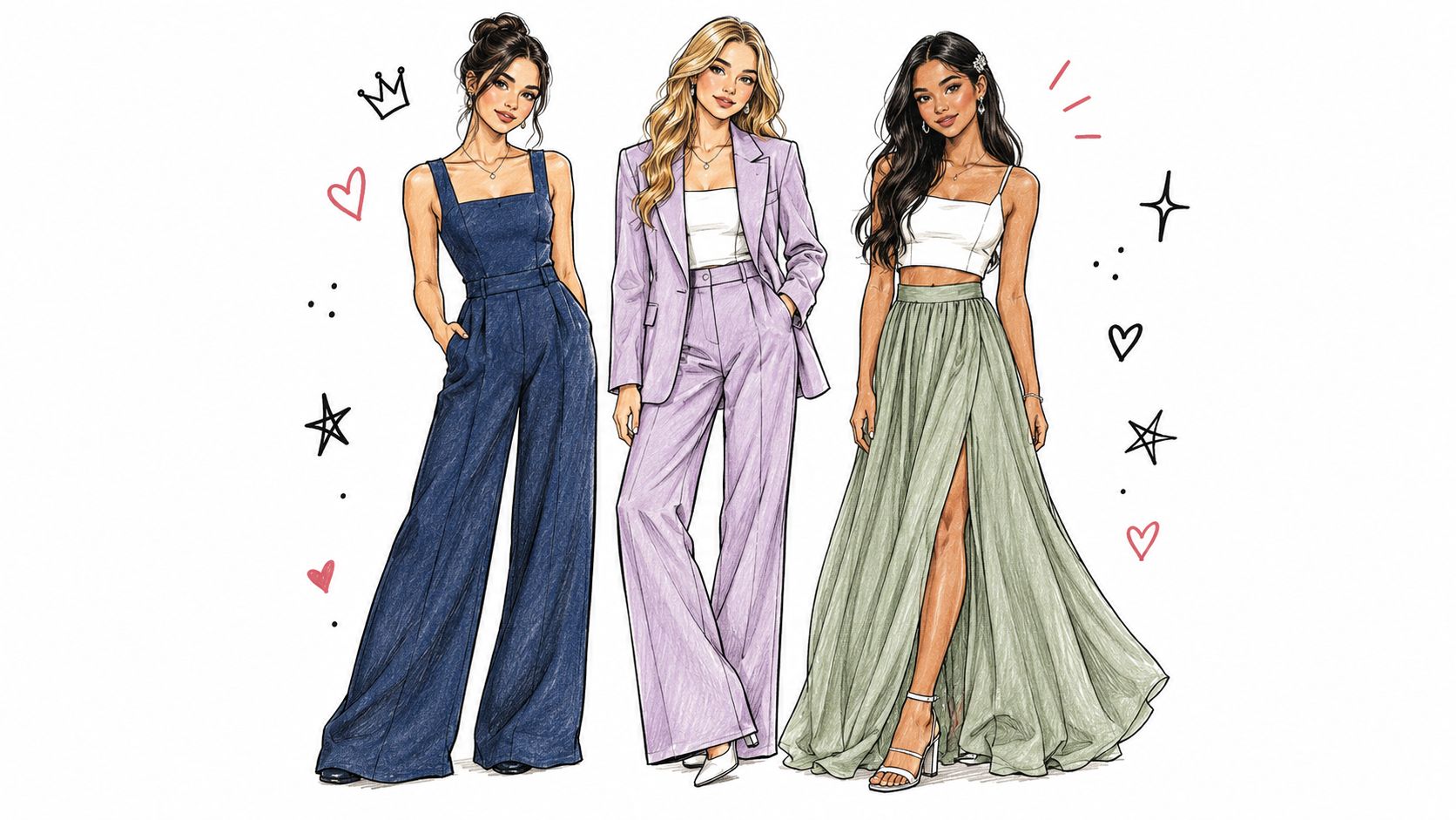 Three stylish women posing in trendy outfits including a dark blue jumpsuit, a lavender suit, and a skirt.