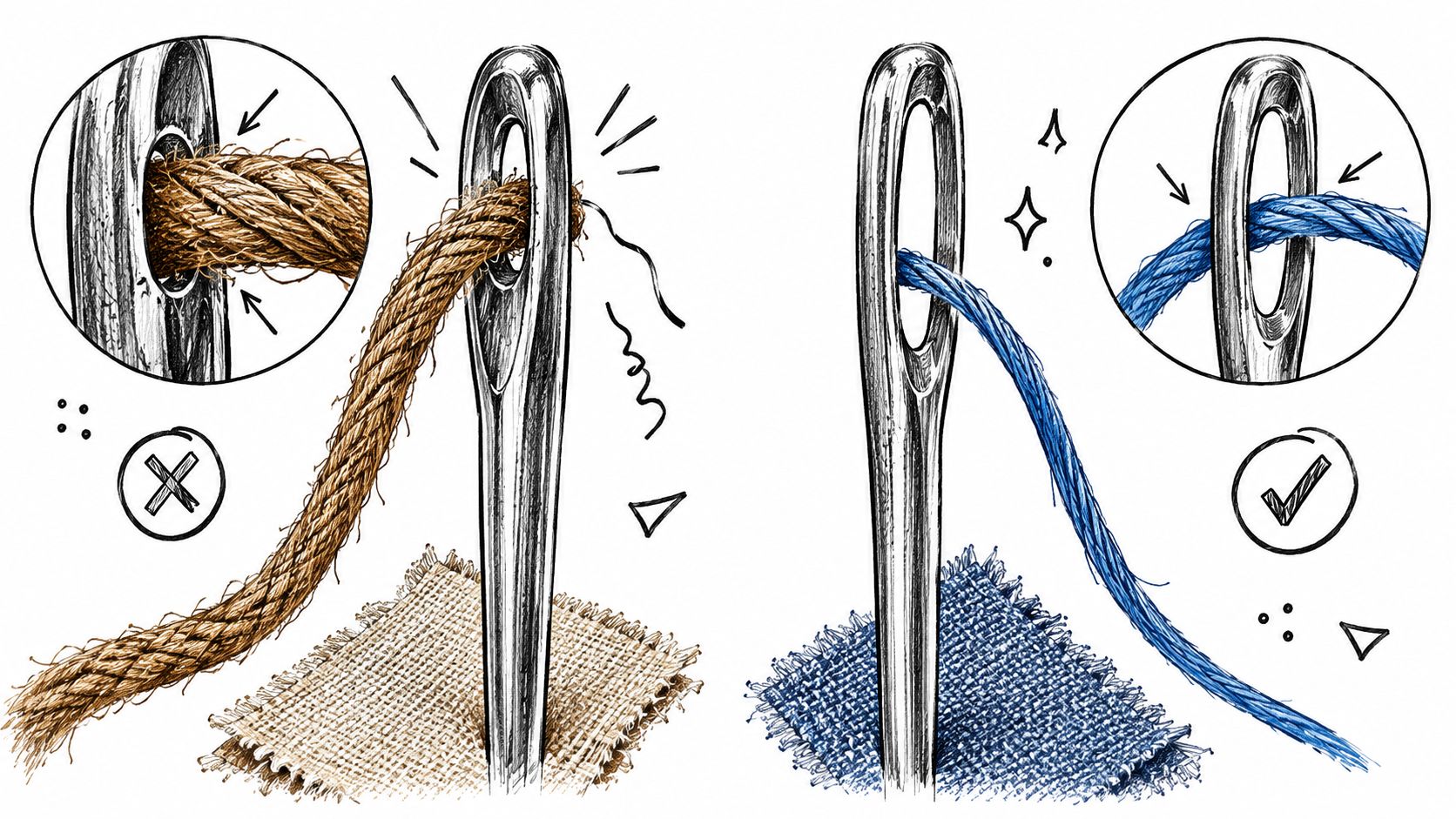 A diagram illustrating the correct and incorrect way to thread a sewing machine needle with thread size.