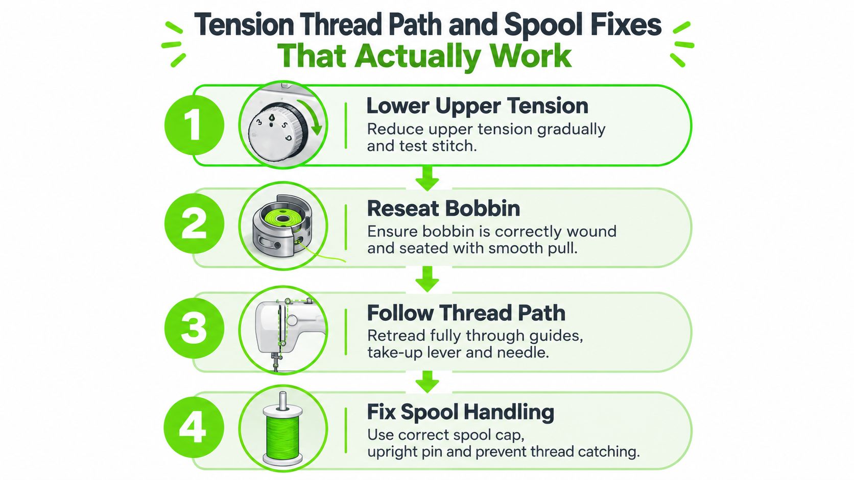 An instructional infographic detailing four steps to fix sewing machine thread tension and spooling issues.