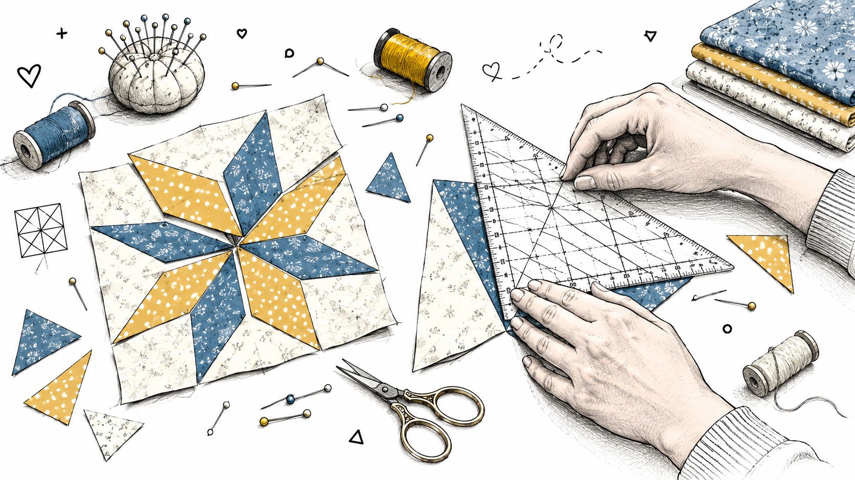 Hands using a triangle quilting ruler to cut patterned fabric pieces for a star quilt block.