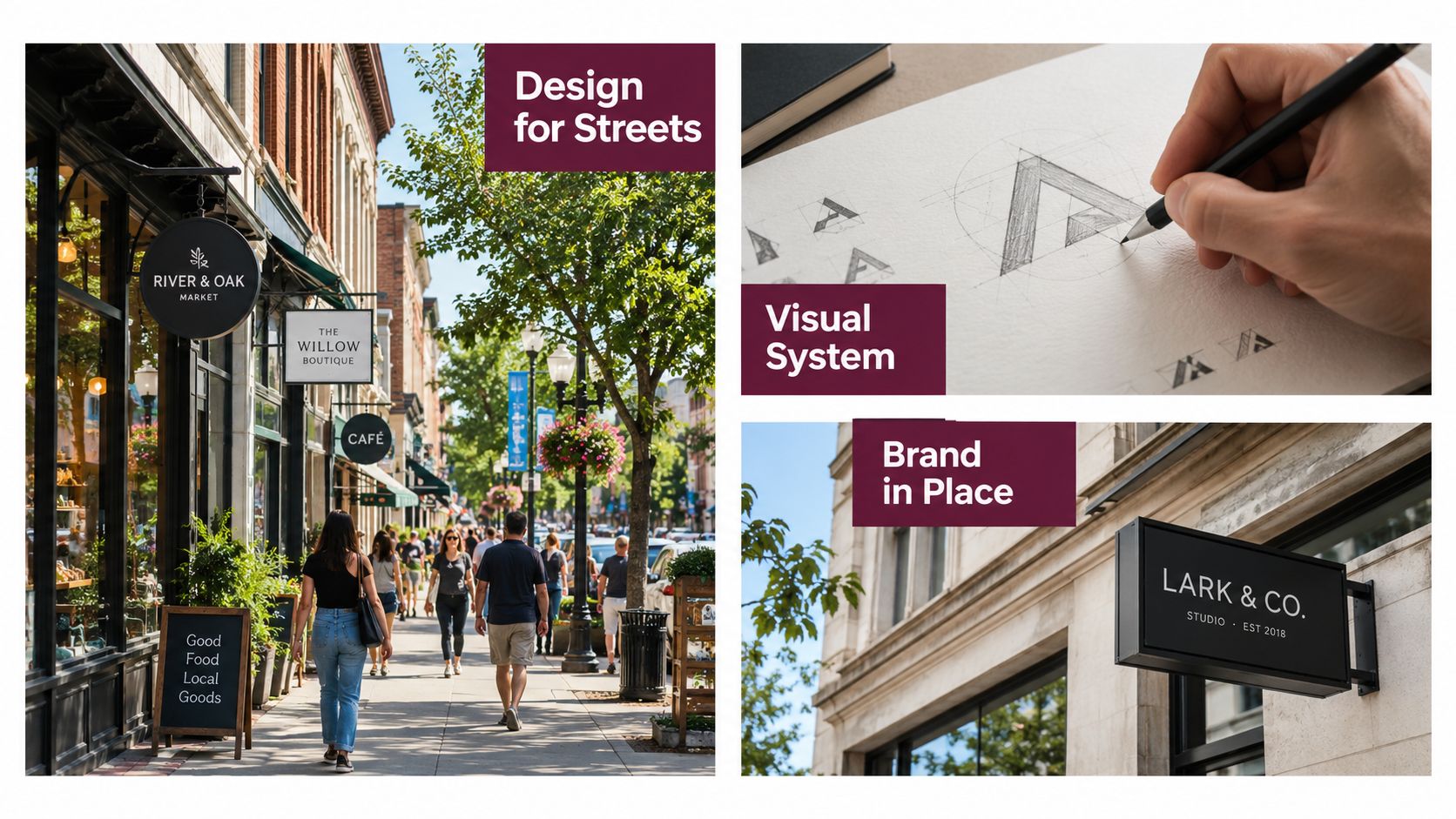 A collage showcasing brand identity development through street signs, logo sketching, and installed business signage.