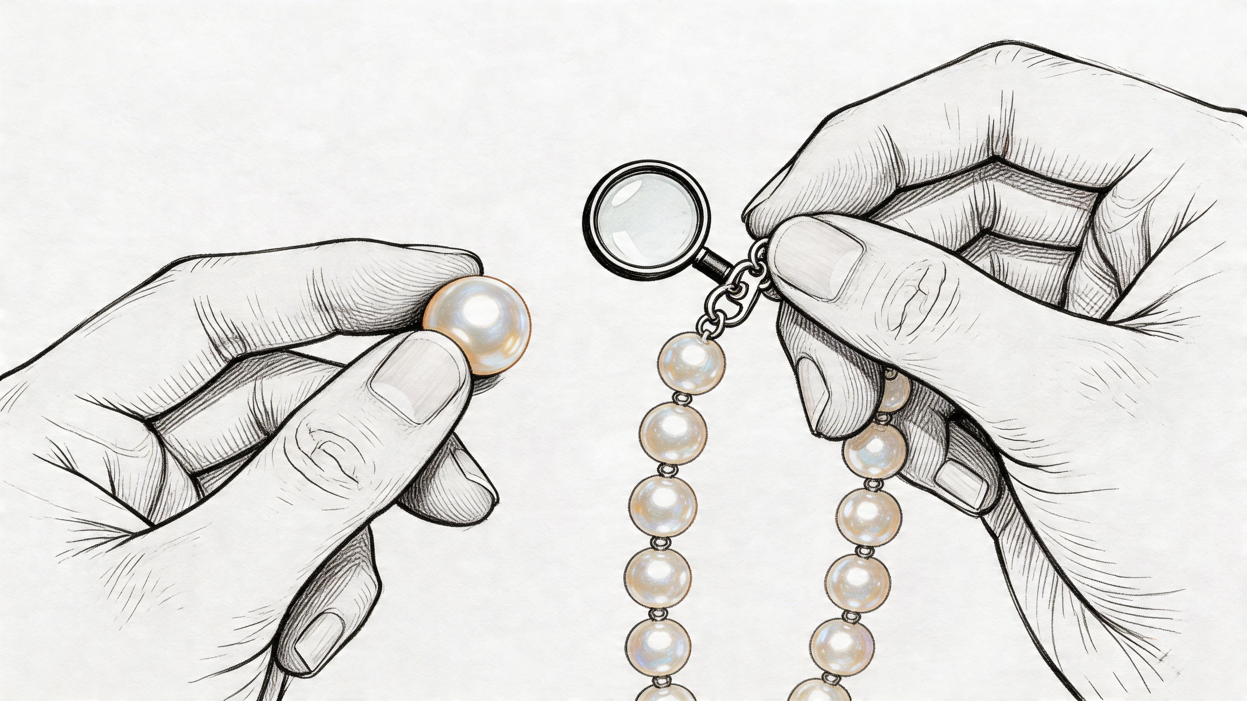 A close up illustration of hands inspecting a pearl necklace with a small magnifying glass.