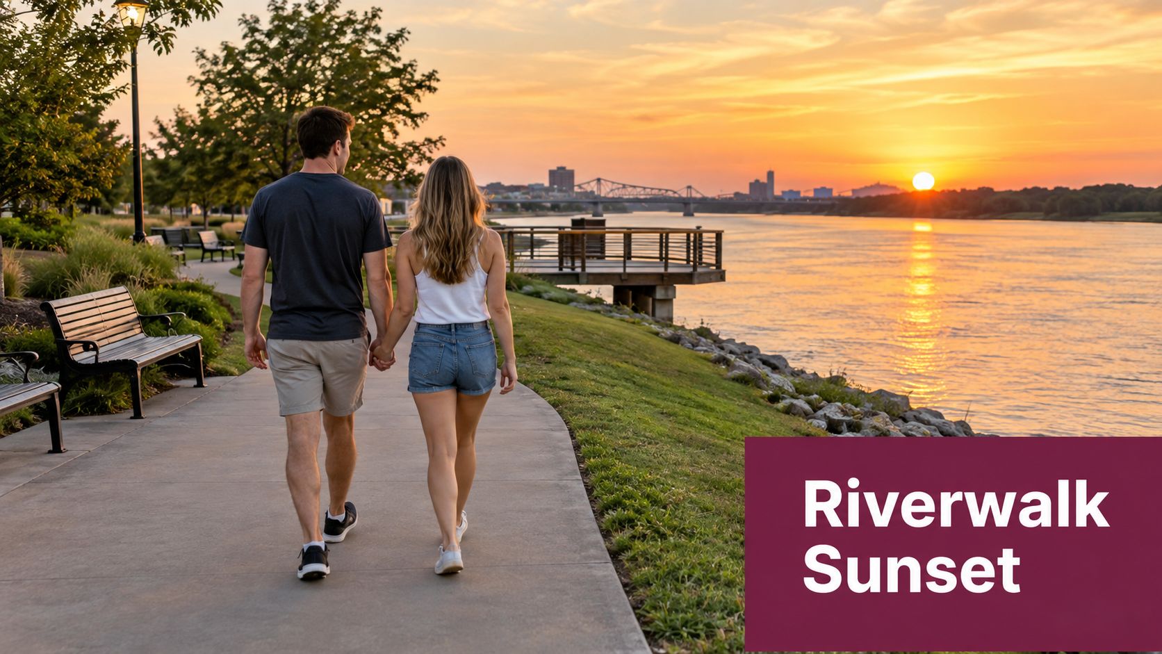 A young couple holds hands while walking along a scenic riverwalk path during a beautiful golden sunset.