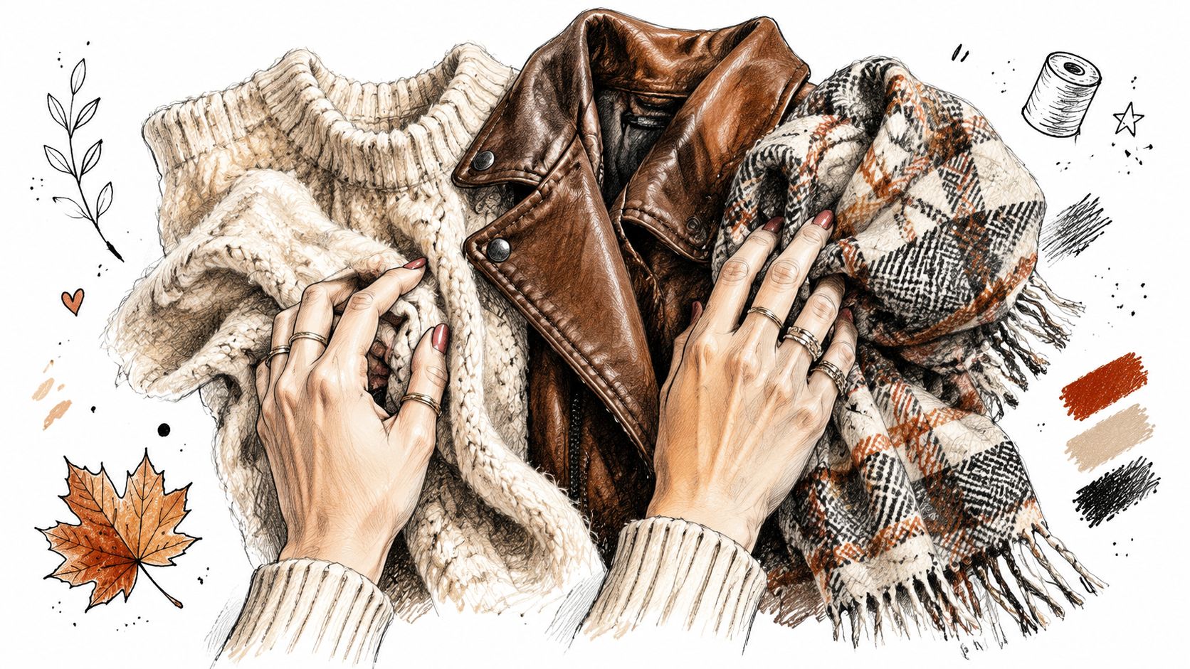 A artistic illustration of hands holding a cozy beige sweater, brown leather jacket, and plaid scarf.