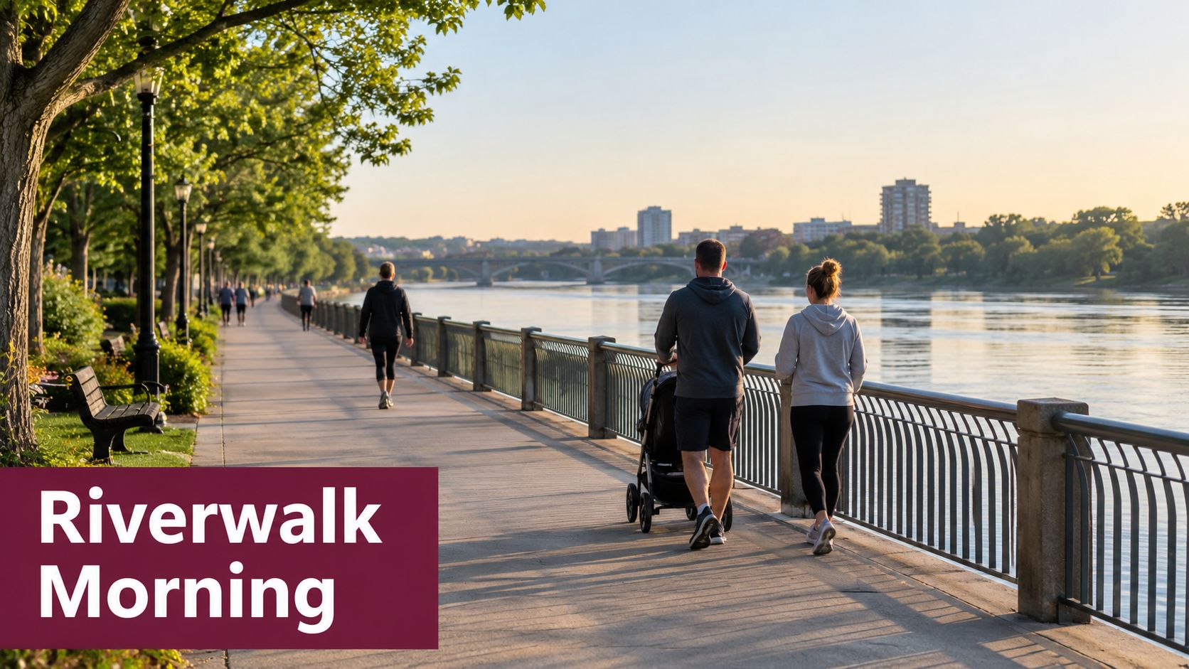 A couple walks with a baby stroller along a scenic riverwalk path during a sunny morning.