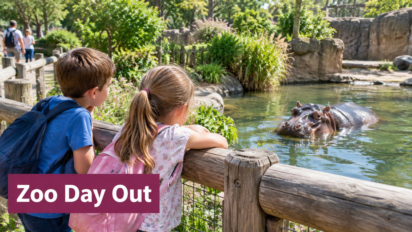A young boy and girl standing by a wooden fence, looking at a hippo in the water.
