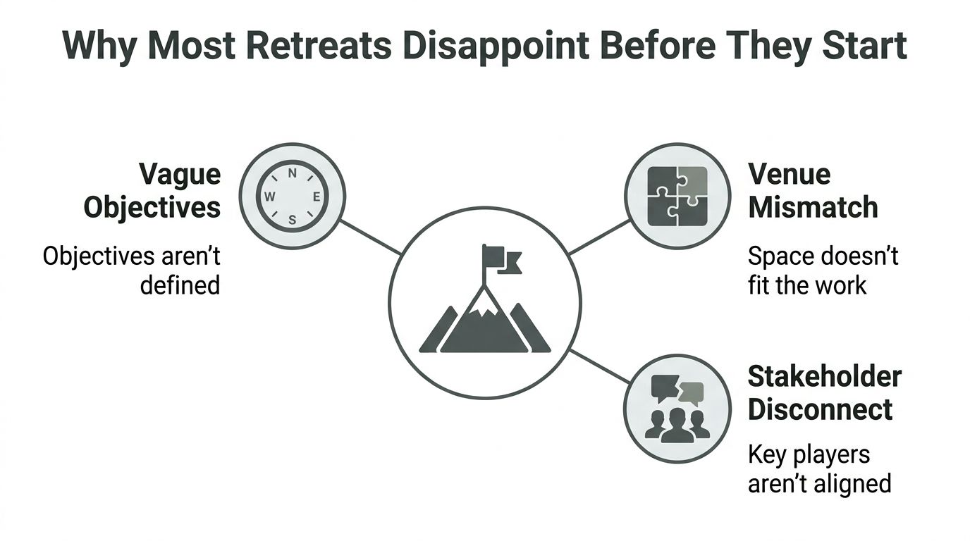 A diagram outlining three key reasons why corporate retreats often fail to meet expectations before starting.