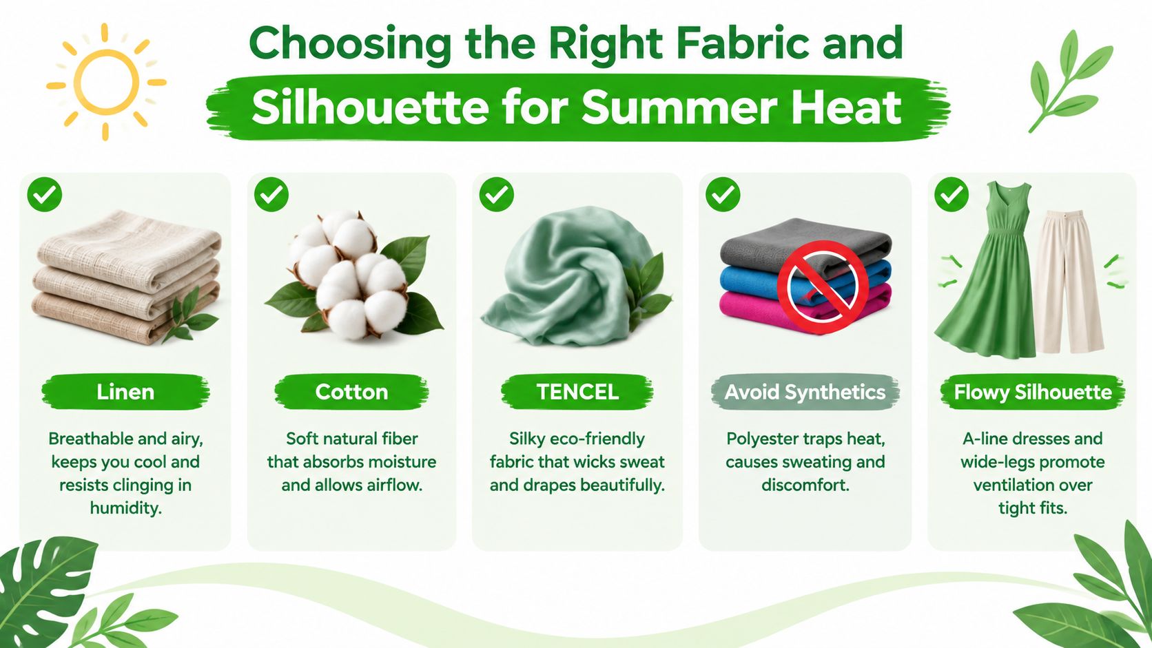 A guide illustrating the best fabrics and silhouettes to wear during hot summer weather for comfort.