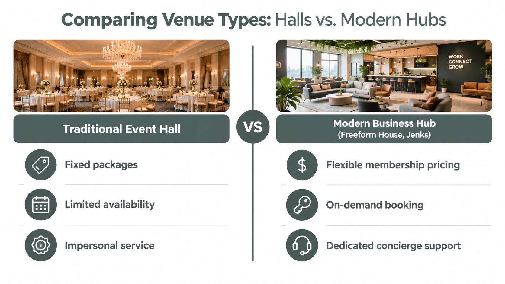 A comparison chart showing differences between traditional event halls and modern business hub meeting spaces.