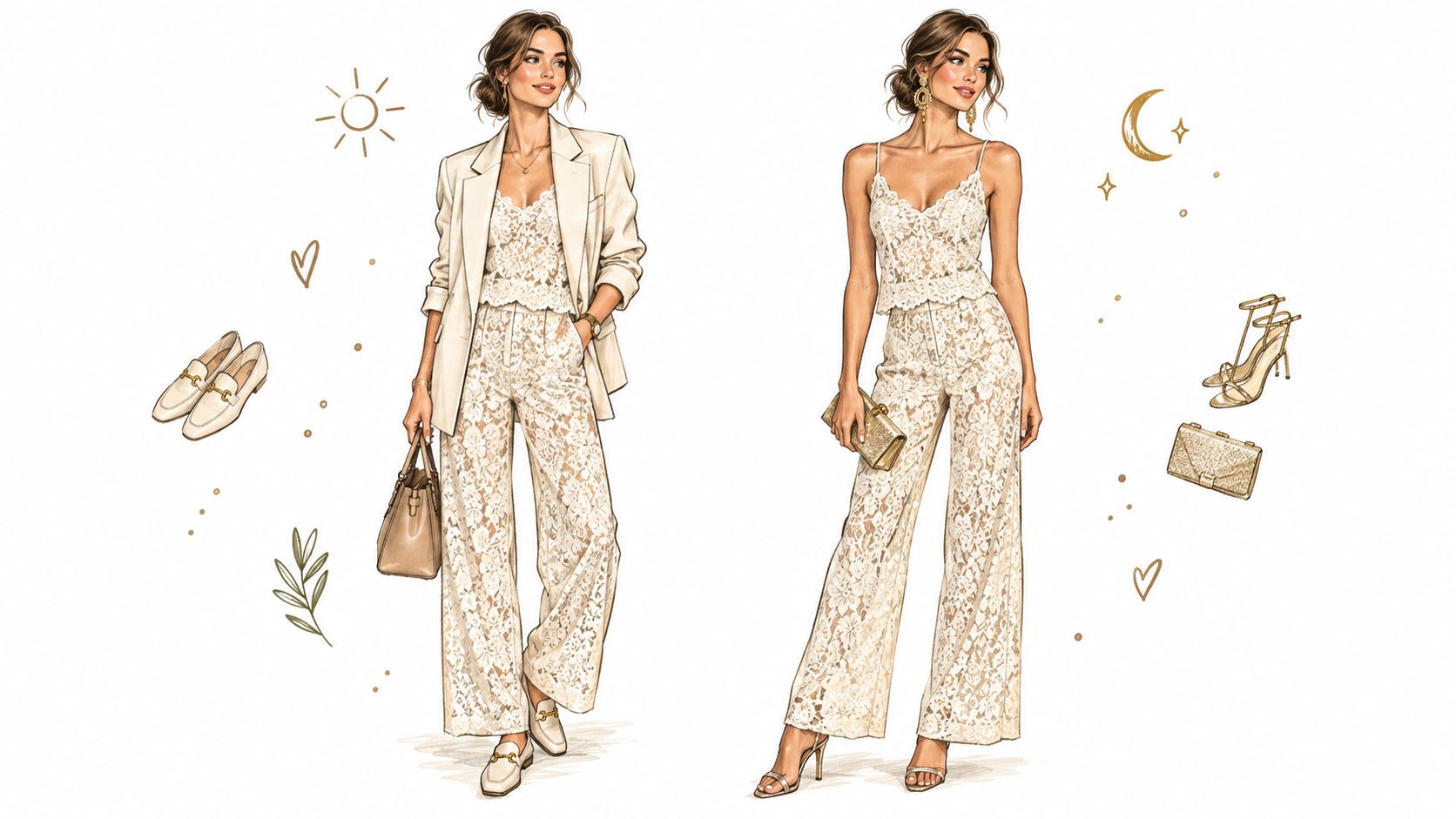 A fashion illustration showing a woman styling a white lace pants set for day and night outfits.