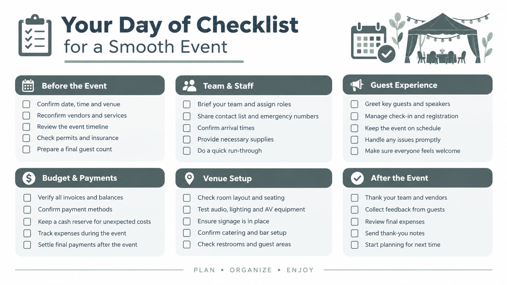 A comprehensive event planning checklist organized by categories like budget, venue setup, and guest experience for smooth events.