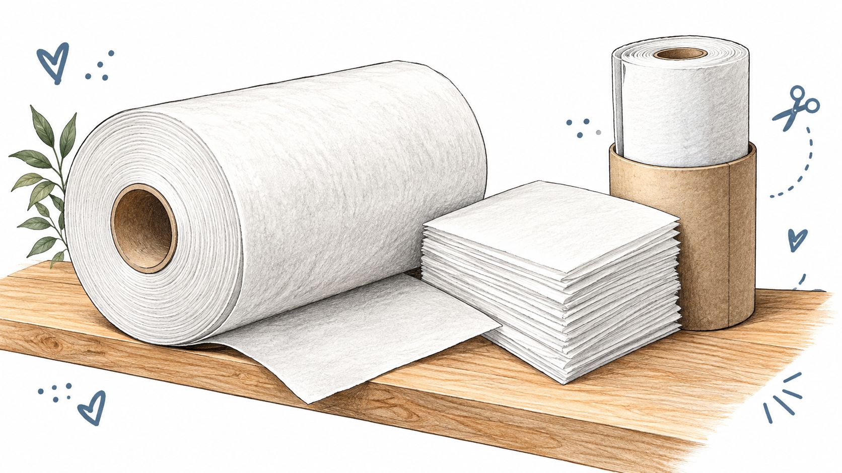 A wooden shelf holding a roll of embroidery stabilizer and a stack of folded fabric sheets.