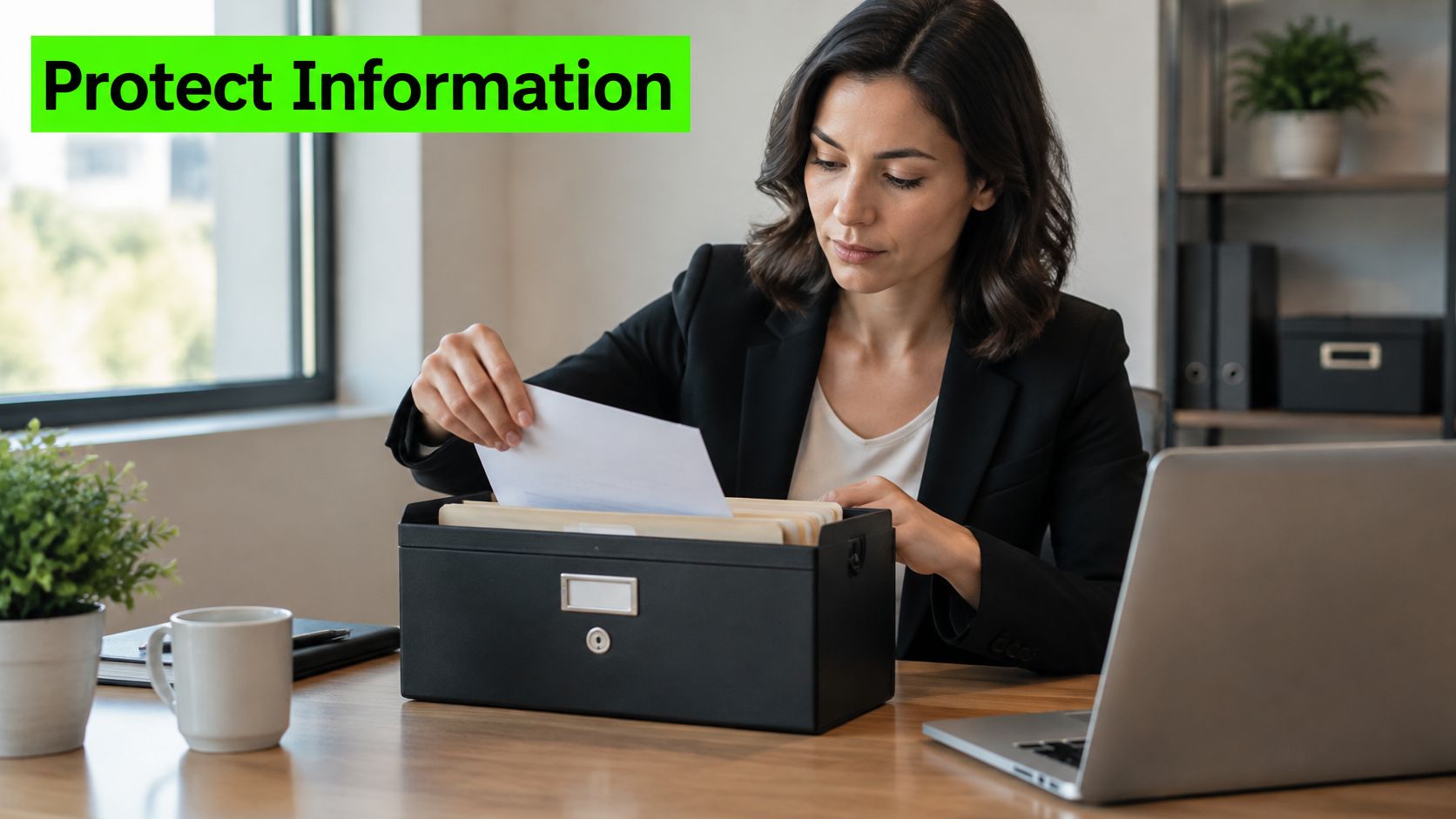 A professional woman in a suit carefully organizing documents inside a secure black file storage box.
