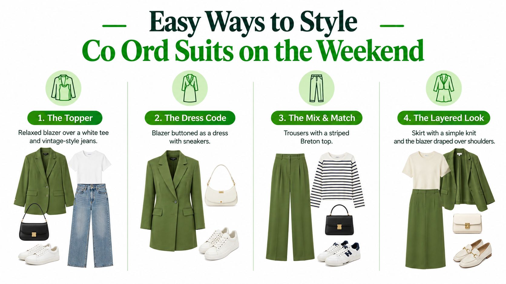 A fashion infographic displaying four different ways to style green co-ord suits for weekend outings.