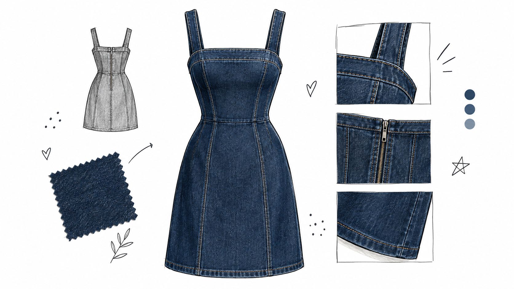 A fashion design sketch showing a sleeveless dark blue denim mini dress with detailed construction views.
