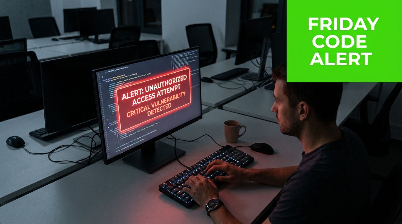 A man working on a computer showing a critical security vulnerability alert in a modern office.