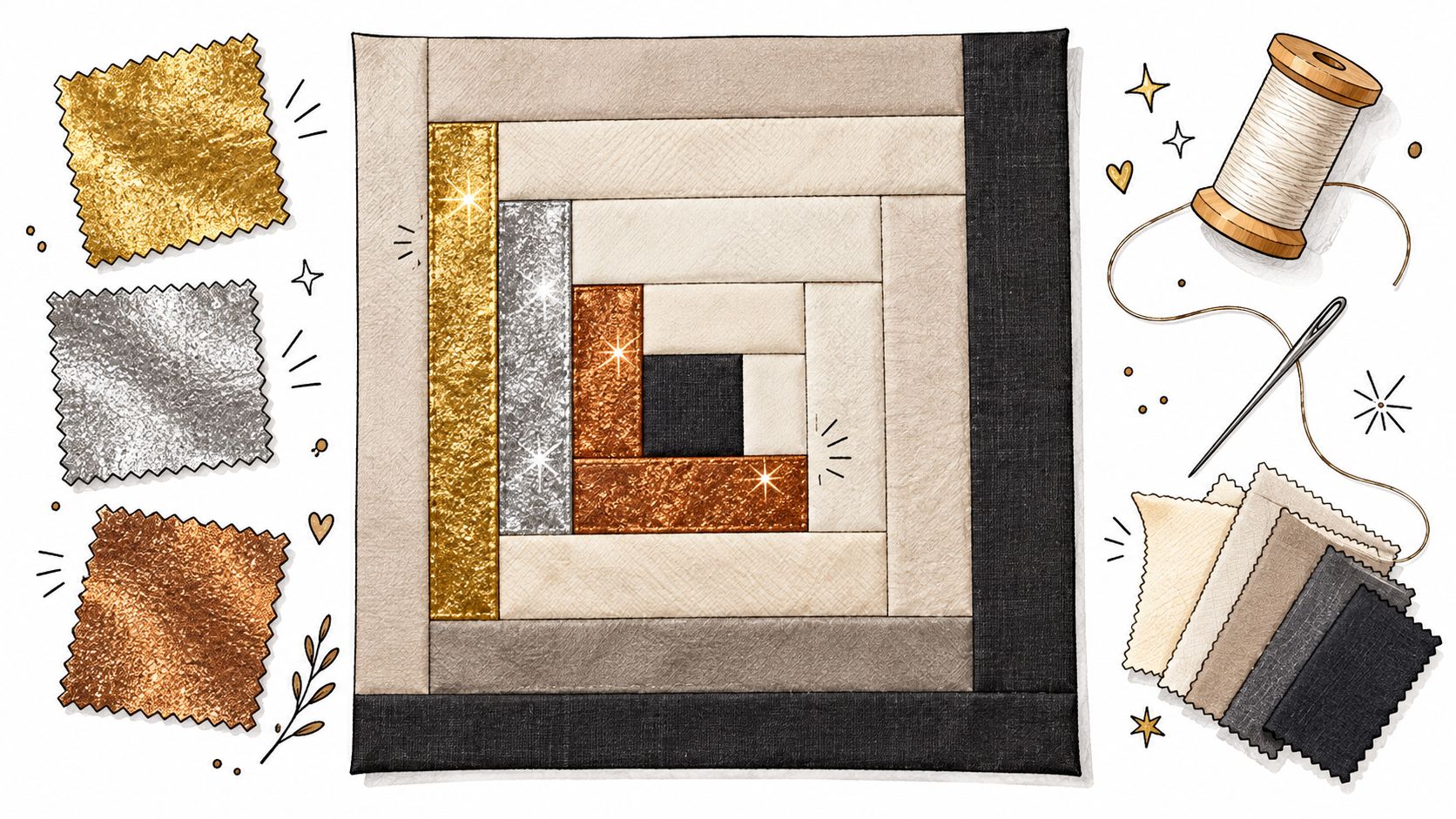 A quilt block design with metallic fabric swatches, sewing thread, and needle on a white background.