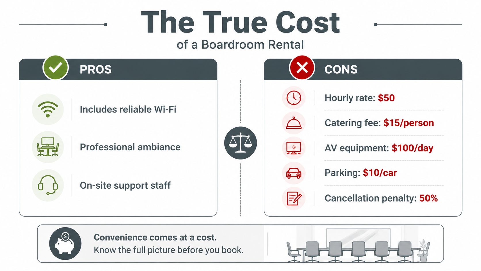 An infographic titled The True Cost of a Boardroom Rental comparing pros and cons of renting office space.