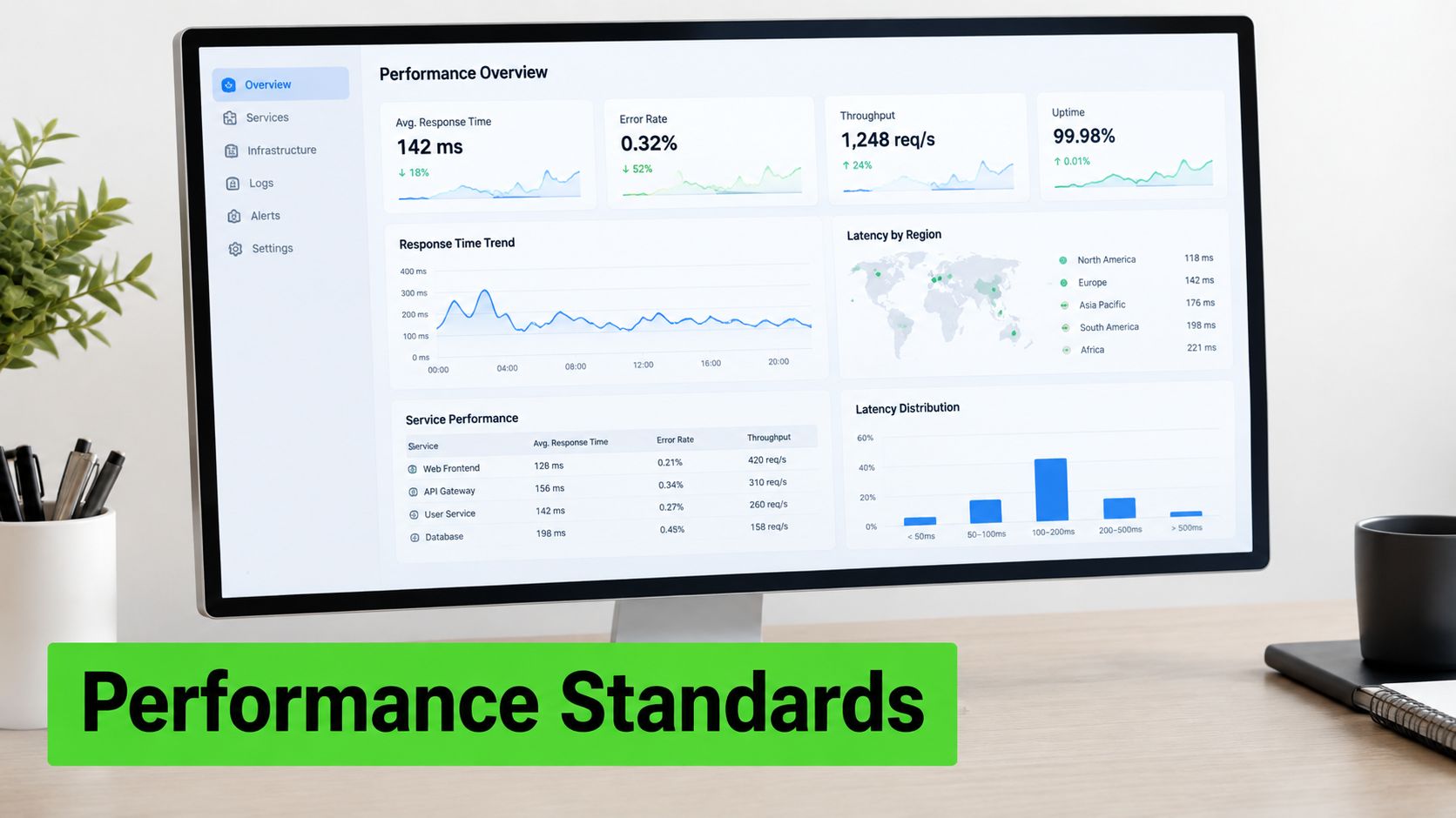 A computer monitor displaying a software performance dashboard with various charts, graphs, and system metrics.