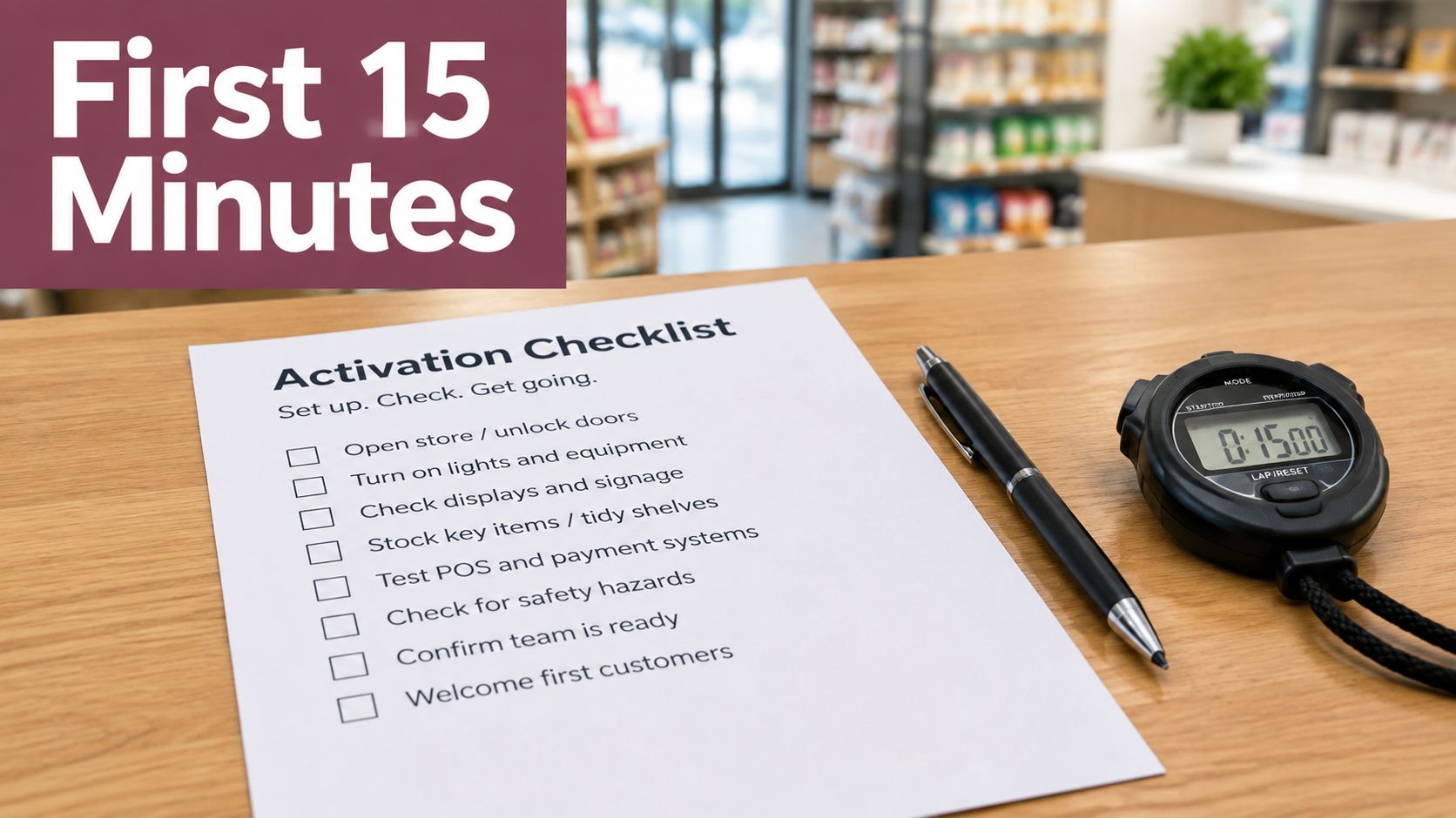 An activation checklist for opening a retail store lies on a wooden counter next to a stopwatch.