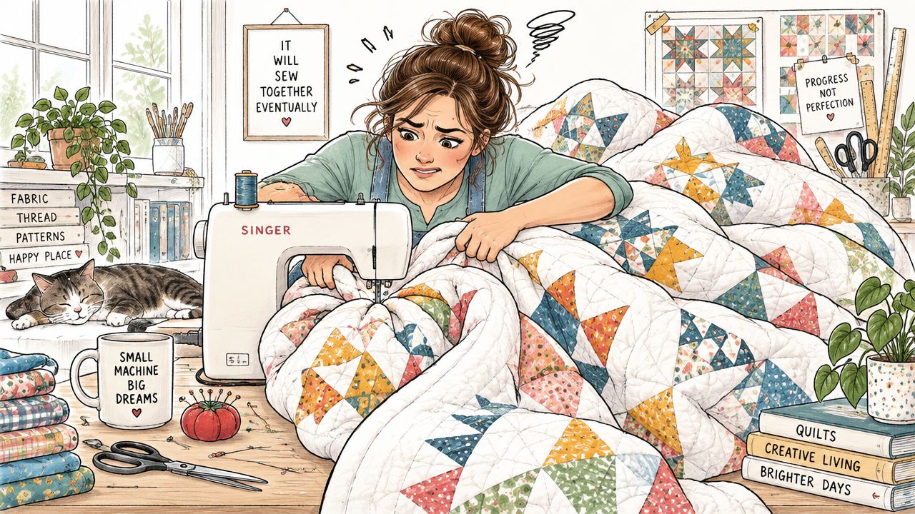A frustrated woman working on a large quilt at a sewing machine in a cozy craft room.