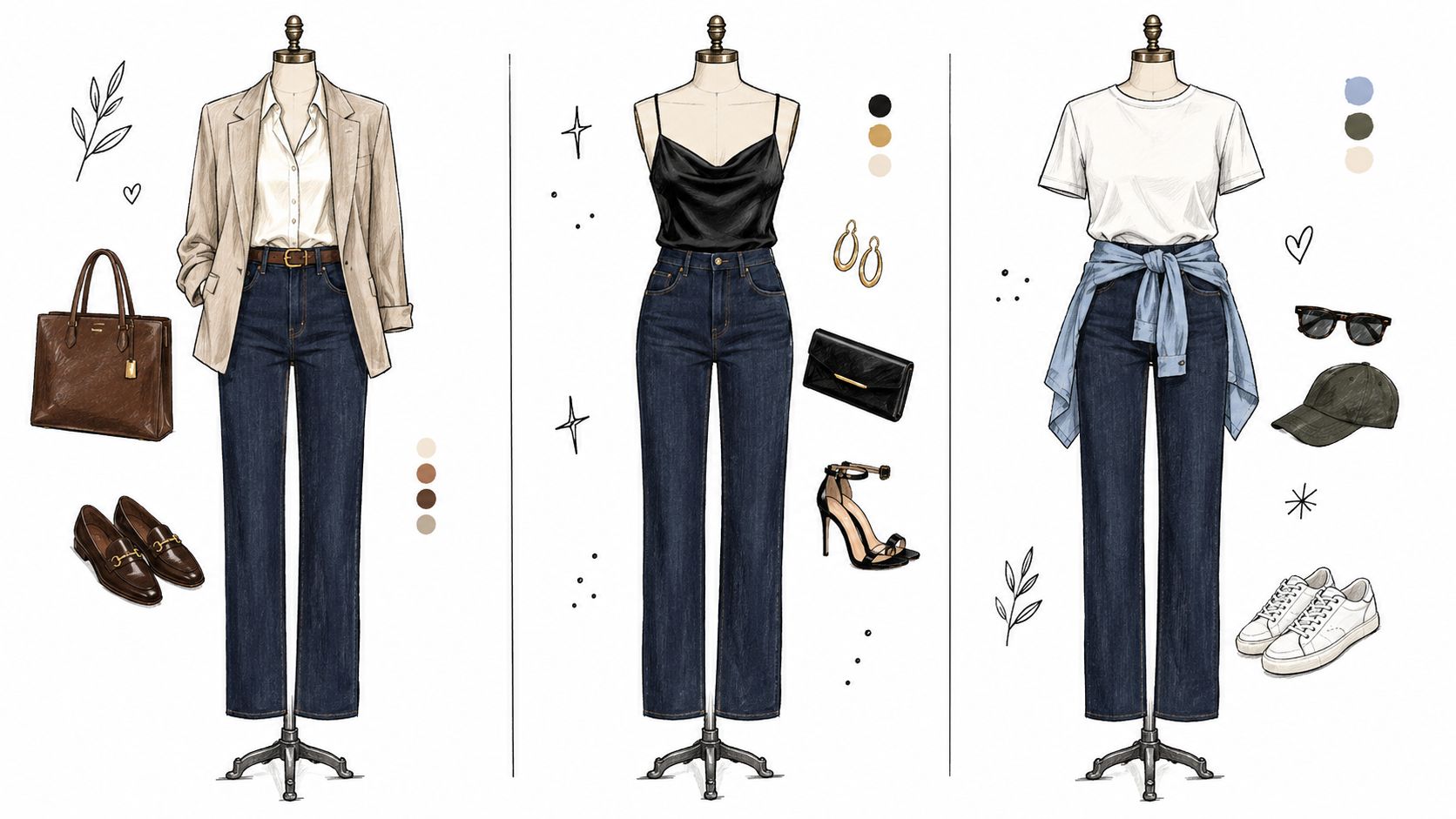 Three mannequins showcasing different outfit styles featuring dark wash mid rise straight leg jeans and accessories.