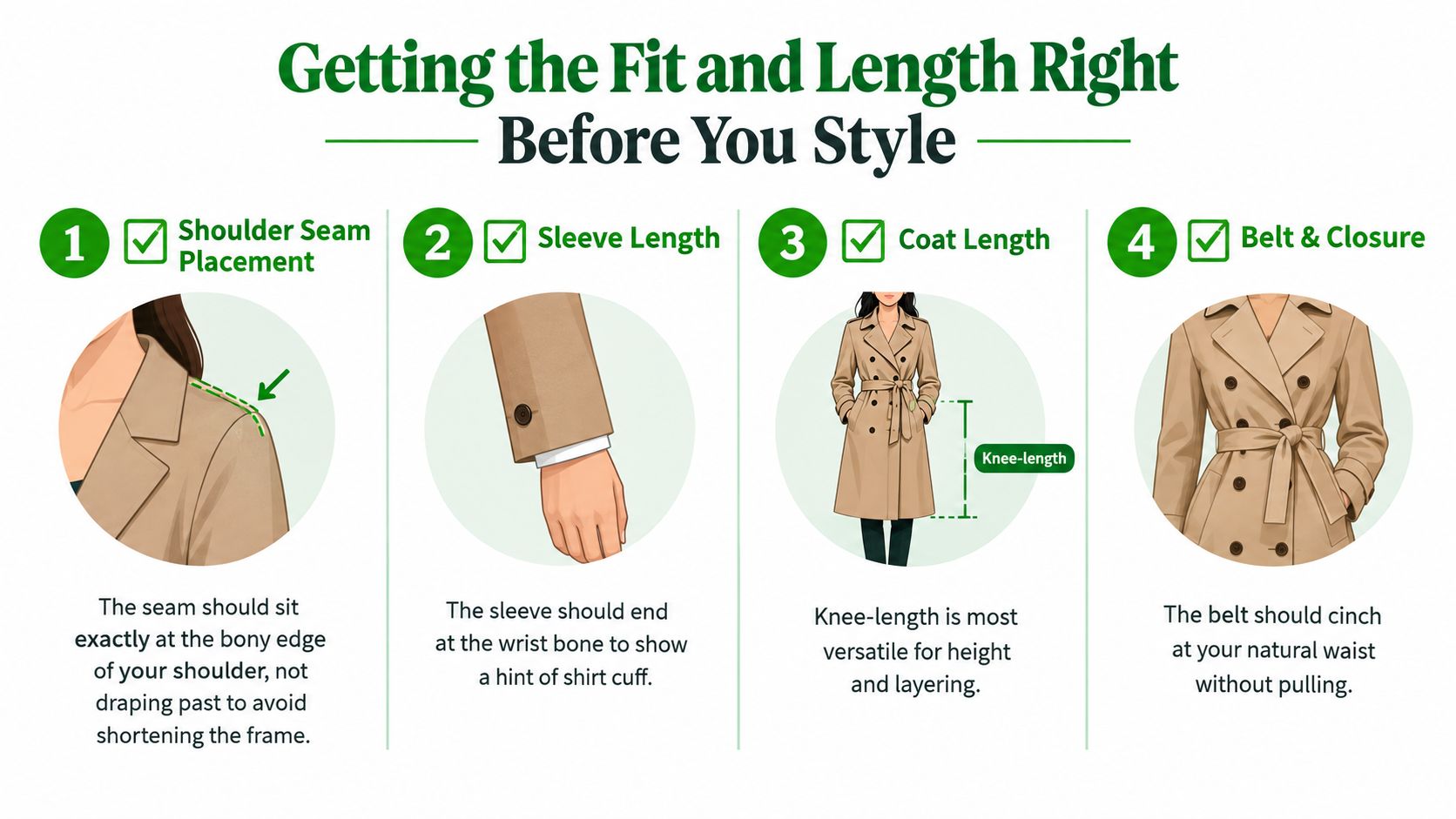 An infographic showing four steps to check the proper fit and length of a trench coat.