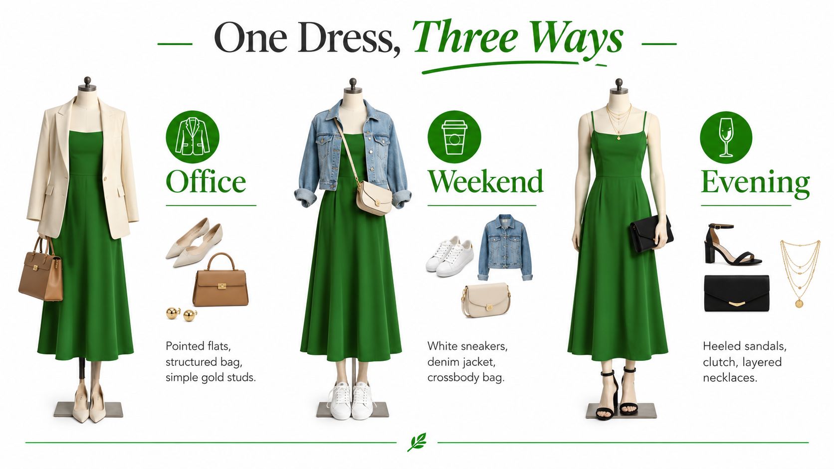 Three different outfits styled using the same green midi dress for office, weekend, and evening occasions.