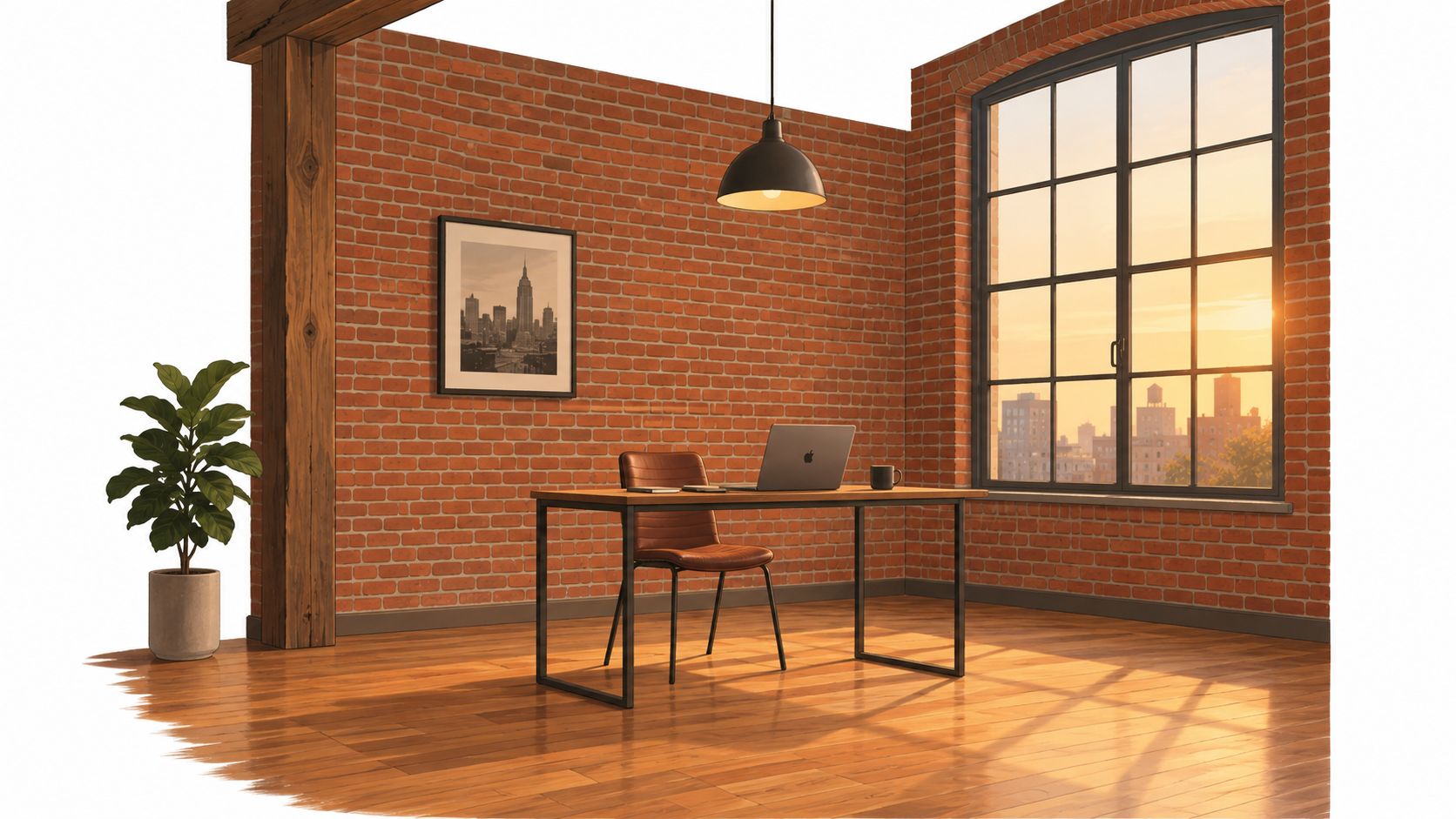 A modern loft studio office with a brick wall, wooden desk, brown chair, and large city-view window.