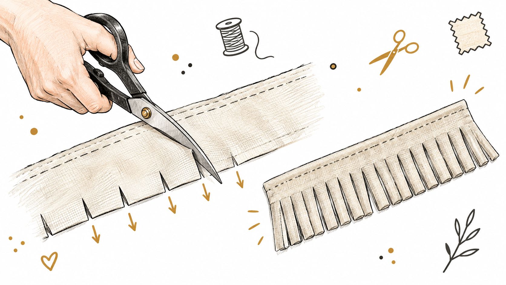 An illustration showing a hand using scissors to cut fabric strips to create a rag quilt fringe.