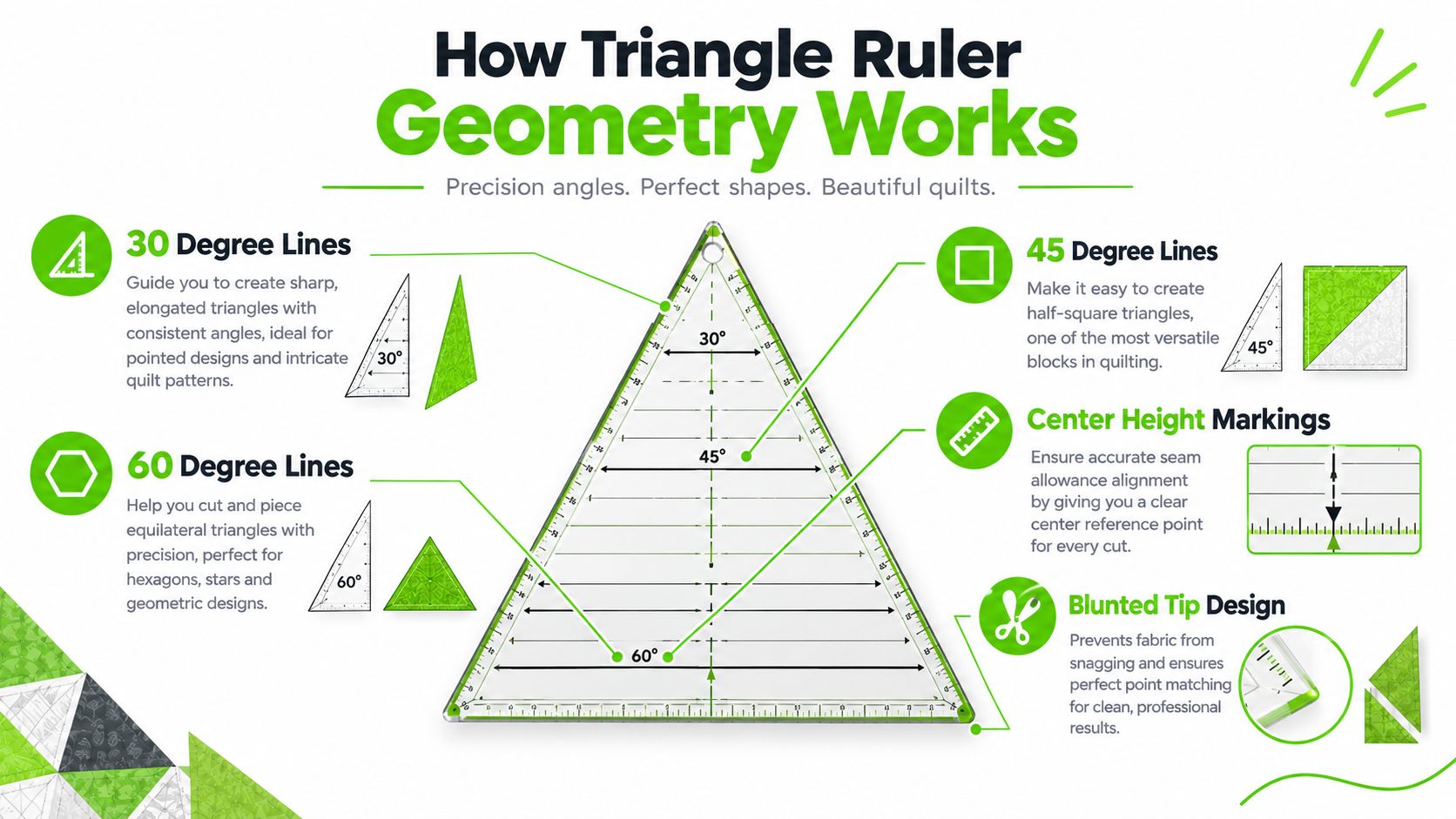 An infographic explaining the geometric features and angle markings of a professional triangle quilting ruler for crafters.