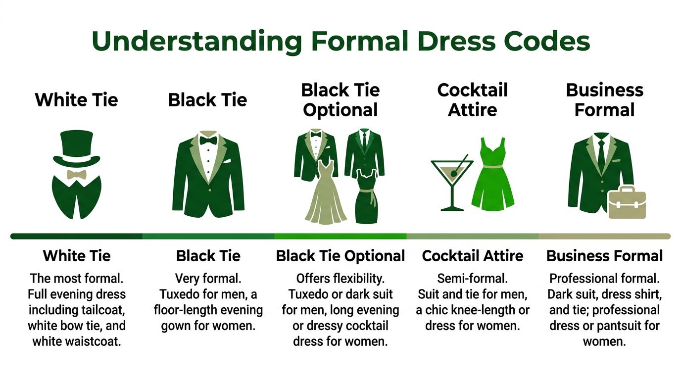 A chart illustrating different formal dress codes including White Tie, Black Tie, Cocktail, and Business Formal.