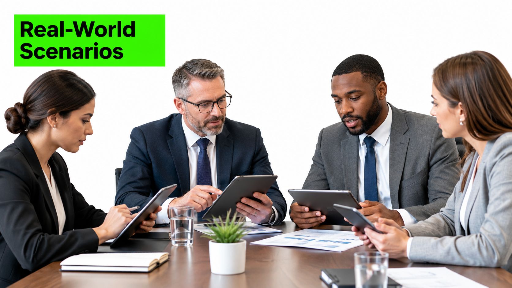 A diverse group of professional business executives collaborating at a conference table with digital tablets.