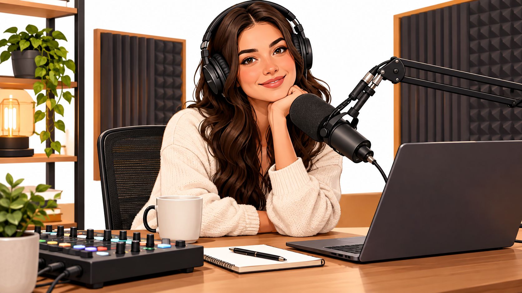 A woman with headphones sitting at a desk with professional podcast equipment and a laptop in studio.