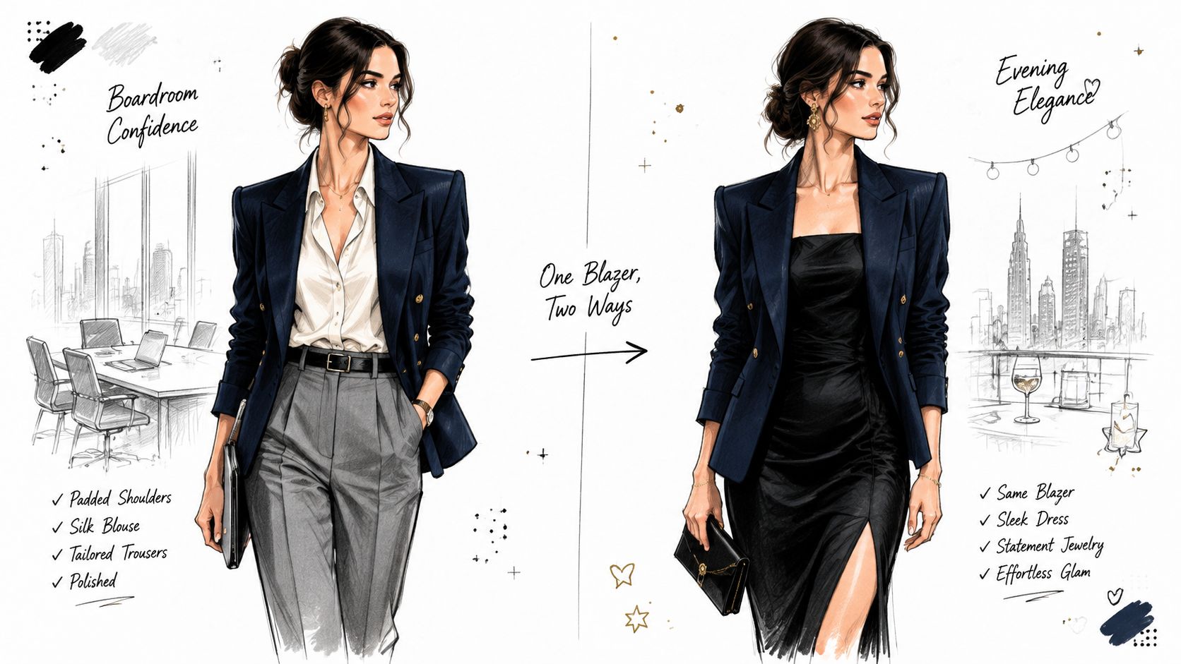 A fashion illustration showcasing how to style one navy blue blazer for boardroom and evening outfits.