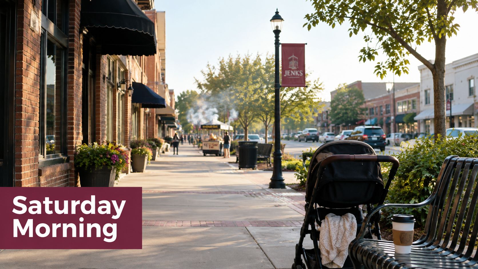 A scenic view of a brick storefront street with a stroller and coffee cup on a sunny morning