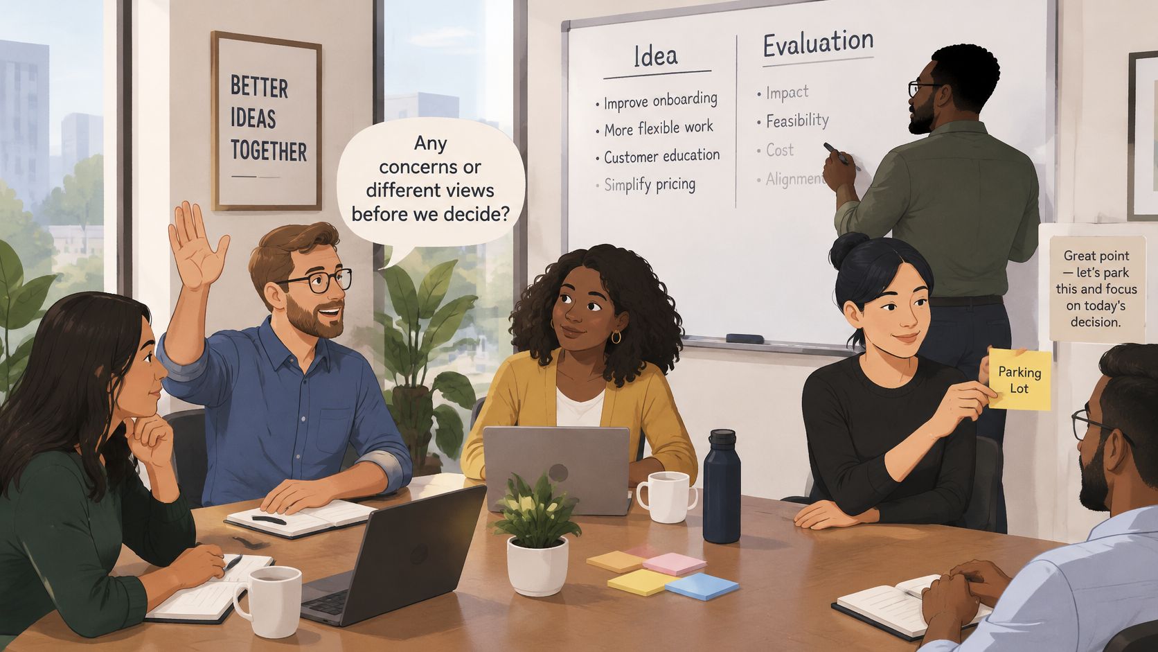 A professional team collaborating in a modern office meeting while discussing ideas on a whiteboard.