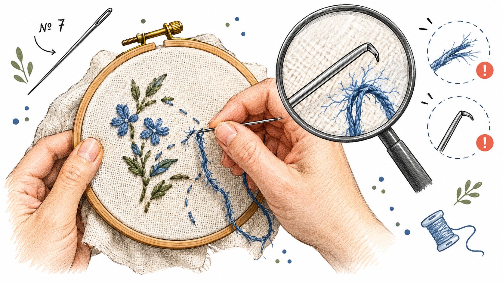 A close-up illustration of hands using a needle to embroider blue flowers onto linen fabric.