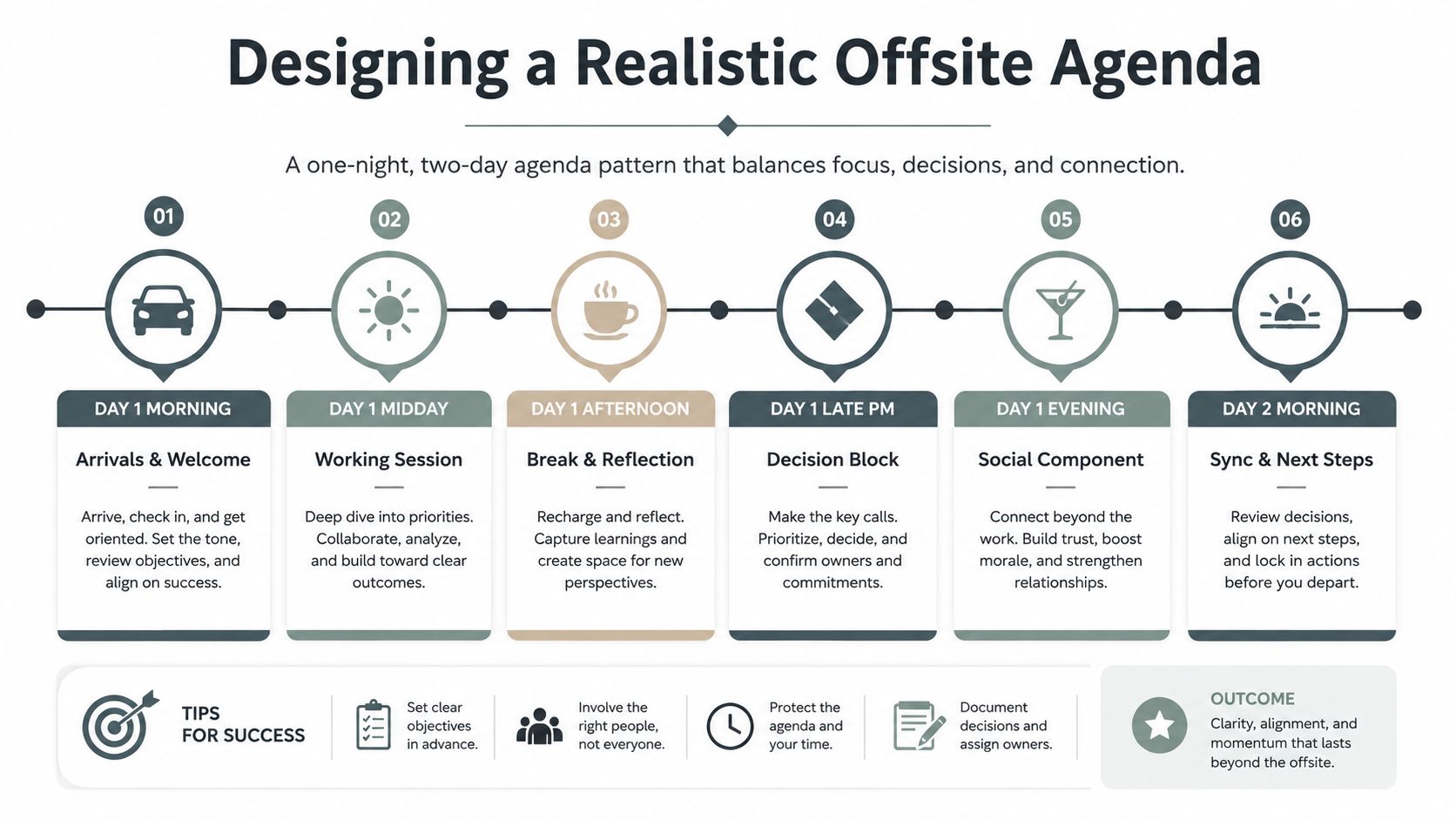 A visual guide outlining a two-day corporate offsite agenda balancing work, reflection, and team social connection.