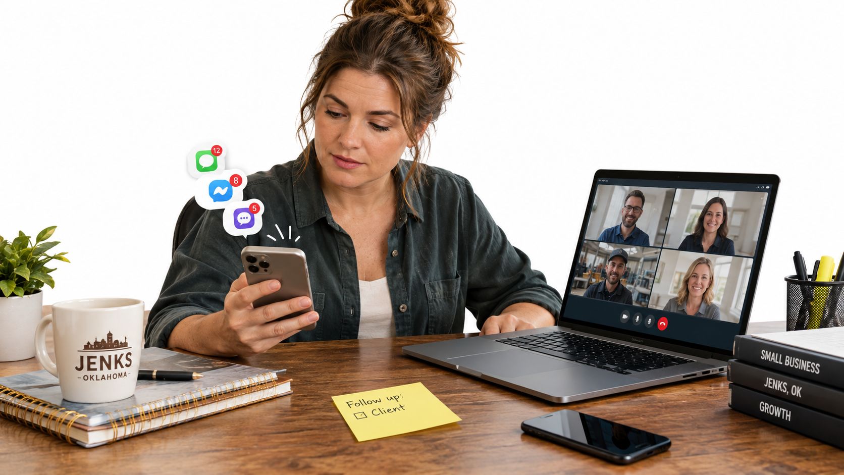 A woman working at a desk while checking notifications on her phone during a video conference meeting.