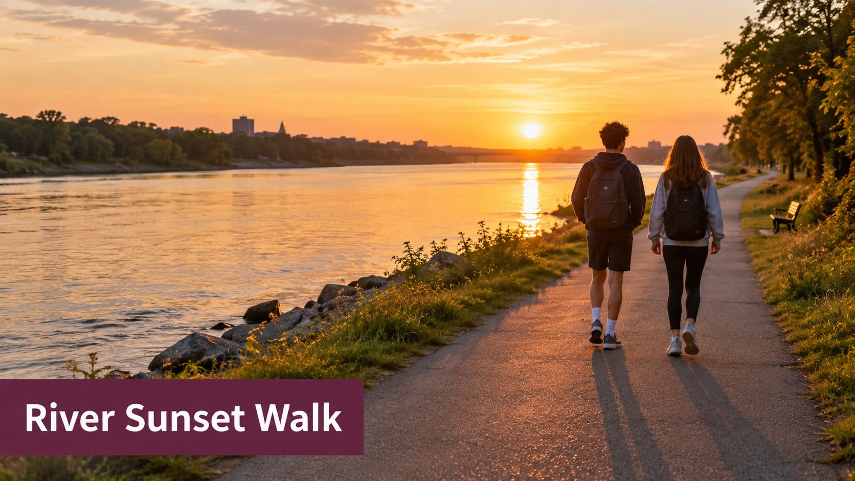 A teenage couple walking together on a paved path along a river during a beautiful golden sunset.