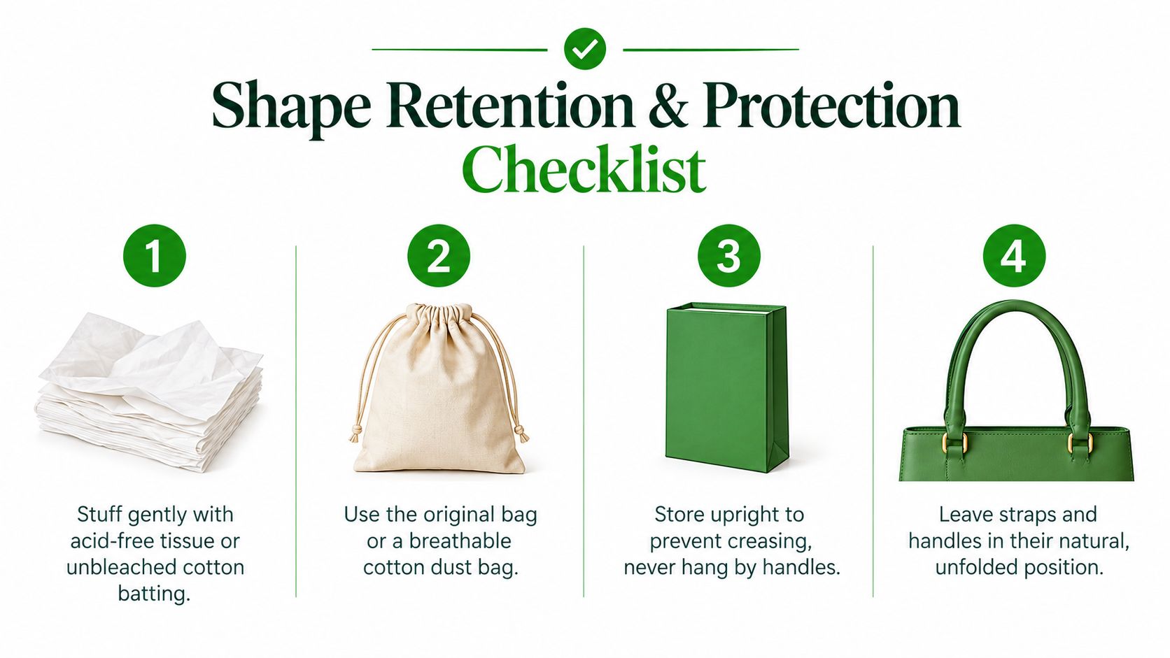 A four-step infographic illustrating how to properly store and maintain the shape of designer handbags.