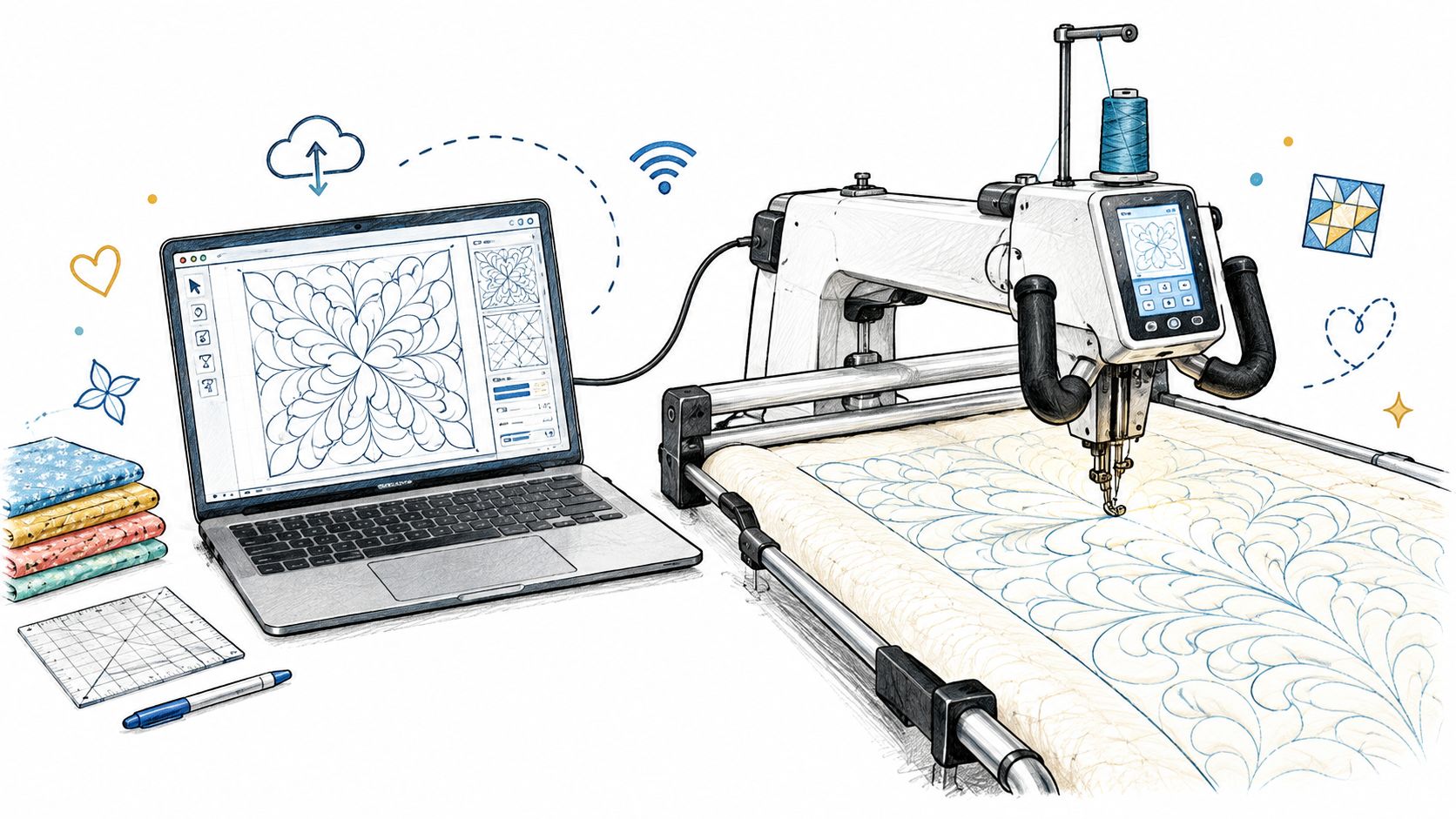 A digital laptop connected to a professional computerized longarm quilting machine for custom embroidery and fabric designs.