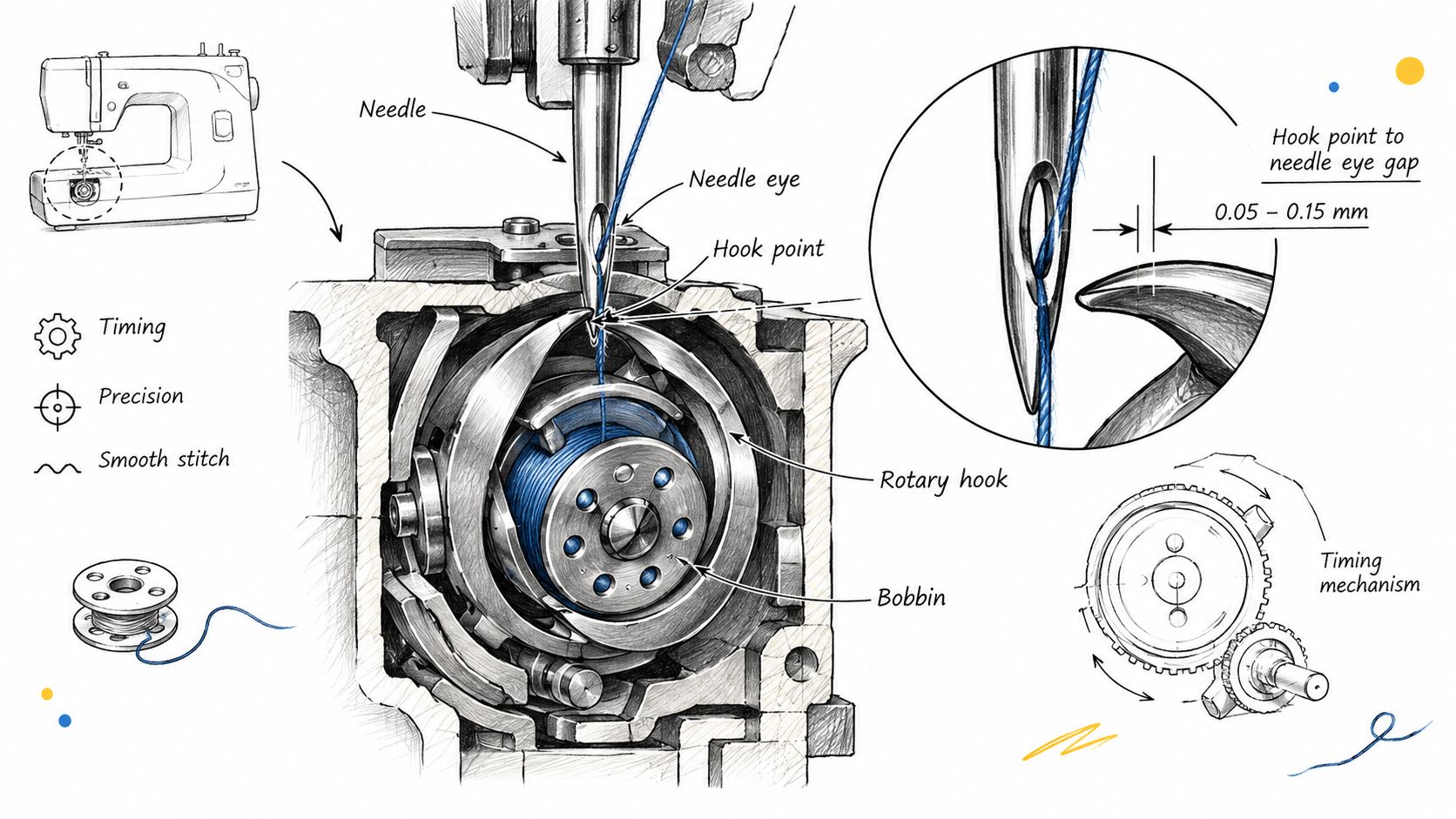 A detailed technical illustration showing the inner workings of a sewing machine hook and needle timing mechanism.